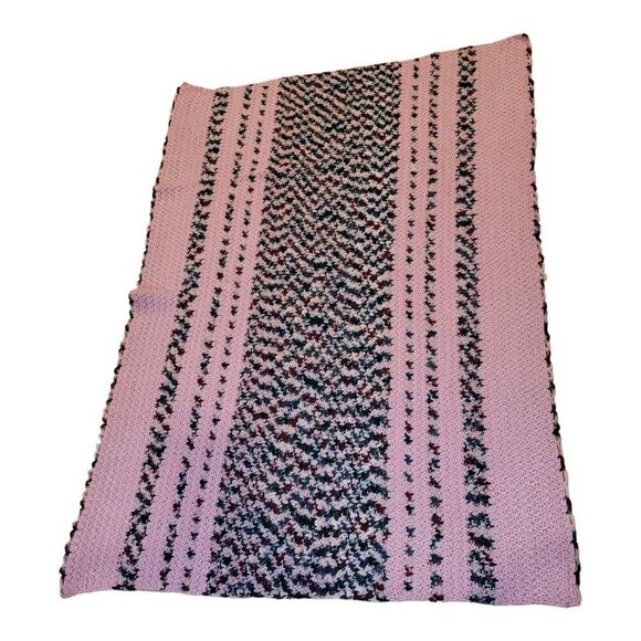 Vintage Handmade Crochet Pink And MultiColor Stiped Afghan Blanket 38x53 - Picture 1 of 7